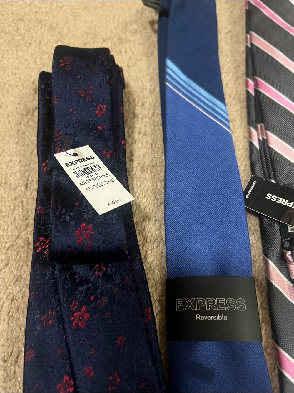 2 Express Reversible Navy Tie with Red Floral Accents